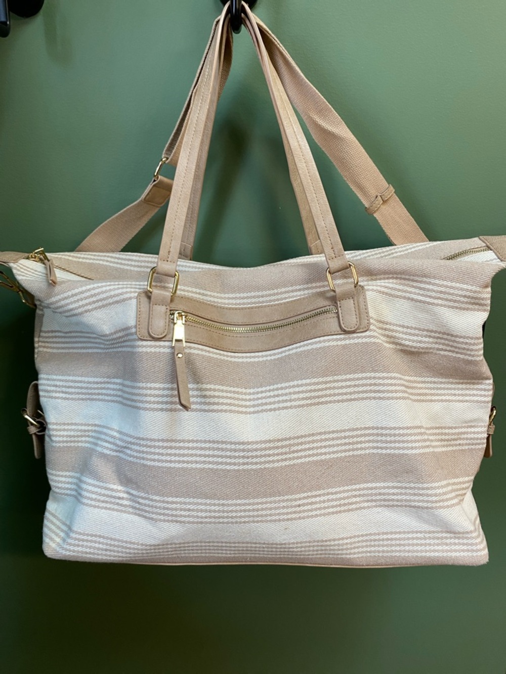 Miztique Beige & White Striped Canvas Tote Bag with Gold Zip & Shoulder Straps